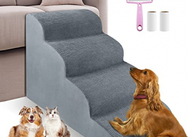 4 Tiers High Density Foam Dog Stairs Pet Stairs Ramps,16” Wide Large Non-Slip Dog Ladder Steps for Indoor High Bed Sofa,Up to 60 lbs,Help Older Injured Pets-1Free Lint Roller with 2 pcs Refills