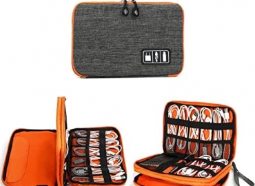 Electronics Organizer Electronic Accessories Double Layer Travel Cable Organizer Cord Storage Bag for Cables/iPad (Up to 7.9”)/Power Bank/USB Flash Drive – Orange&Grey