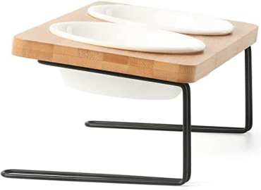 FUKUMARU Elevated Cat Ceramic Bowls, Small Dog 15°Tilted Raised Food Feeding Dishes, Solid Wood Water Stand Feeder Set for Cats and Puppy