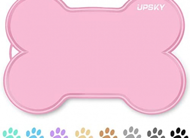 UPSKY Dog Food Mat Dog Cat Bowl Mat for Food and Water, Large 22″ x 16″ Dog Feeding Mat for Floors, Waterproof Silicone Pet Placemat Tray Bone Shaped with Raised Edge
