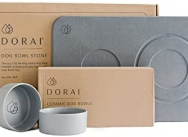 Dorai Home Dog Bowls + Stone Base Set – Modern and Stylish Pet Feeding Station – Non-Slip, Quick Drying Base with Diatomaceous Earth – Includes 2 Bowls and Base – Slate