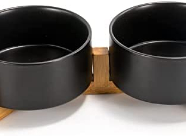 SPUNKYJUNKY Ceramic Dog and Cat Bowl Set with Wooden Stand, Modern Cute Weighted Food Water Set for Small Size Dogs (13.5OZ ) & Medium Sized Dogs (28.7OZ) & Cats