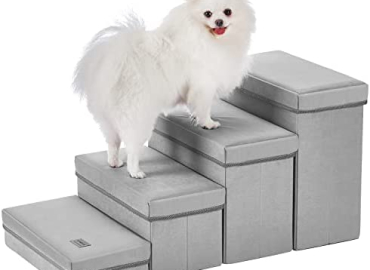 LEMONDA 4 Tier Folding Dog Steps ,Foldable Dog Stairs with 4 Storage Boxes for High Bed Sofa Window Perch & Car,Pet Storage Stepper & Safety Ladder for Large Cats Dogs (Grey)