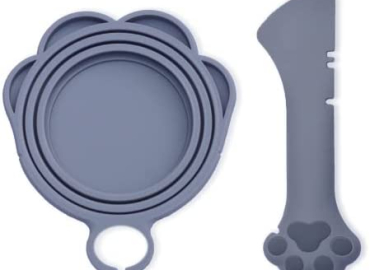 Cover for Pet Can Food/ Cat Wet Food Spoon / Silicone Lid for Dog Cans / Cute Paw Shape One Lid One Spoon Pack (Gray)