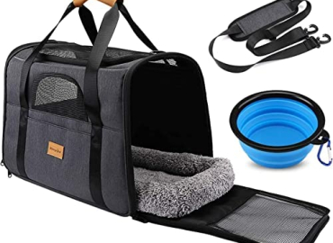 Dog Carrier Morpilot Cat Carrier Pet Travel Carrier Bag Airline Approved Folding Fabric Pet Carrier for Small Dogs Puppies Medium Cats, w/Locking Safety Zippers, Foldable Bowl