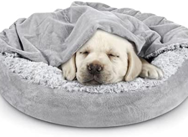 JOEJOY Small Dog Bed Cat Bed with Hooded Blanket, 23/26 Inch Donut Round Cozy Cuddler Washable Calming Dog Burrow Cat Cave Anti-Slip Puppy Bed Orthopedic Warm Cushion Pet Bed for Indoor Dogs Cats Grey