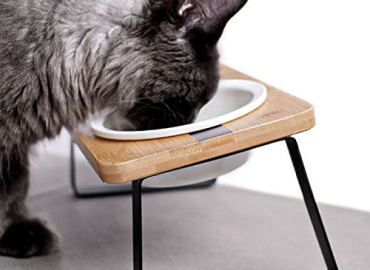 Elevated Cat Ceramic Bowls Stand, Small Dog, 15° Tilted Feeding Position, Full Bamboo Body Stand with Food Grade, Dishwasher Safe Bowl for Cats and Puppy