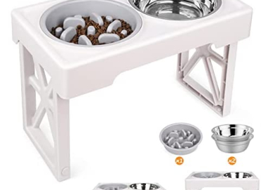 Elevated Slow Feeder Dog Bowls, 3 Heights Adjustable Raised Pet Food Bowl Stand with Slow Feeder 2 Stainless Steel Food Water Bowls, Elevated Dog Bowls for Large Medium and Small Cats and Dog