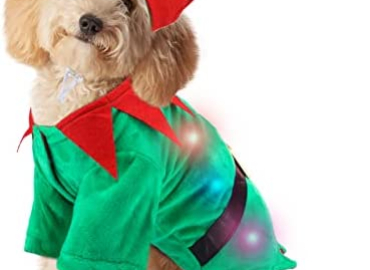 LED Dog Christmas Elf Outfit Christmas Elves Dog Clothes with Hat Winter Pet Elf Costume Xmas Puppy Warm Sweater Christmas New Year Cosplay Apparel Party Clothing for Small Medium Dogs