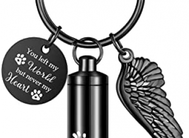 Urn Keychain for Pet Ashes Cylinder Cremation Keychain for Dog Ashes with Angel Wing-You left my World but never my Heart