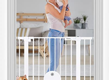 Newnice 40.6″ -29.7″ Auto Close Baby Gate with Small Cat Door, Easy Walk Thru & Durable Dog Pet Gates for Stairs, Doorway, House, Pressure Mounted Safety Child Gate Includes 4 Wall Cups