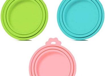 SLSON 3 Pack Pet Food Can Cover Universal Silicone Cat Dog Food Can Lids 1 Fit 3 Standard Size Can Tops (Blue+Green+Pink)