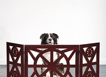 Bundaloo Freestanding Dog Gate Expandable Decorative Wooden Fence for Small to Medium Pet Dogs, Barrier for Stairs, Doorways, & Hallways (Wagon Wheel)