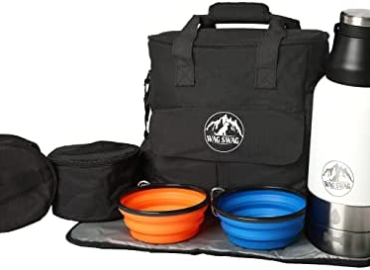 Wag Swag Dog Travel Tote Bag Organizer w/32oz Tumbler – Dog Food Storage Container- Multi-Function Pockets – Pet Travel Accessories –