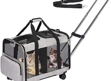 VOISTINO Double Compartment Pet Carrier with Detachable Wheels for Cat / Dog, Rolling Carrier for 2 Small Cats / Dogs, Super Ventilated Design, Ideal for Traveling / Walking / Camping