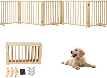 YOCAN Freestanding Wooden Dog Gates -Foldable Pet Gate Indoor Dog Fence, Dog Gate for Doorways, House, Stairs , Halls-5 Panel 16.9″