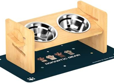 Upgraded Elevated Dog Bowls for Small Size Dogs and Cats – Adjustable Bamboo Raised Dog Bowl Stand with Highly Absorbent Spill Proof Mat and 2 Stainless Steel Pet Dog Puppy Food Water Bowls