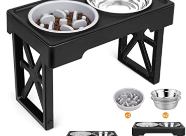 Elevated Dog Bowls, 3 Adjustable Heights Raised Pet Bowl Stand Feeder with Slow Feeder Bowl 2 Stainless Steel Food & Water Bowls for Large Medium and Small Cats and Dog