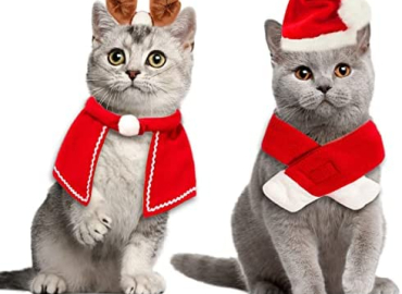 Fovlry Pet Christmas Costumes Outfit Santa Christmas Hat Red Reindeer Antlers Headband Scarf and Pet Cloak for Puppy Kitten Small Cats Dogs Pets（4pcs）