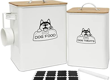 Vumdua Dog Food Storage Container Set – Farmhouse Dog Food Containers and Dog Treat Container with Serving Scoop, Airtight Pet Food Storage Containers, Great Gift for Dog Owners, White