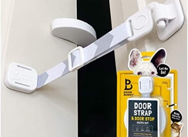 Door Buddy Door Latch Plus Door Stopper. Keep Dog Out of Litter Box and Prevent Door from Closing. This Cat Gate and Cat Door Alternative Installs in Seconds and is Easy for Cats and Adults to Use.