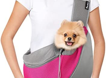 Pawaboo Pet Dog Sling Carrier, Hand Free Drawstring Dog Papoose with Adjustable Strap, Breathable Mesh Bag for Puppy Cat, Crossbody Satchel Dog Purse with Pocket for Outdoor Travel