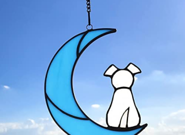 Lcensp Stained Glass Pet Dog Memorial Gifts for Dog Lovers, A White Dog Decor on Blue Moon Window Hangings Suncatcher, Loss of Dog Sympathy Gift, Pet Loss Remembrance Gifts in Memory of Dog(White)