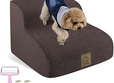 High Density Foam Pet Stairs,Anti-Slip 2-Tiers Soft Corduroy Fabric Cover Foam Climbing Pet Stairs for Short-Leg Injured Dogs to Reach High Coach Sofa Bed,Send 1 Lint Roller with 2 Refills,Dark Brown