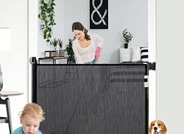 Dai&F Retractable Baby Gates, Pet Gate Mesh, Baby Gate for Stairs Doorways Hallways, Mesh Gates for Kids or Pets Indoor/Outdoor , 33″ Tall, Extends Up to 55″ Wide,Black