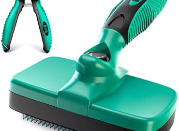 Ruff ‘N Ruffus Self-Cleaning Slicker Brush With PAIN-FREE Bristles | Gently Removes Loose Undercoat, & Tangled Hair | For Cats & Dogs, Self Cleaning Brush | Reduces Shedding by 95% + FREE Pet Nail Clipper included (Aqua Slicker Brush + Free Bonus)
