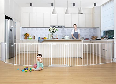 COMOMY 198″ Baby Gate Extra Wide, Dog Gate Pet Gate for House Stairs Doorways Fireplace, Adjustable 3 in 1 Play Yard Child Safety Gate, Auto Close, Hardware Mounted (30″ Tall, White)