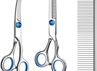 Pets vv 3 Pack Dog Grooming Scissors with Safety Round Tip, Perfect Stainless Steel Up-Curved Grooming Scissors Thinning Cutting Shears with Pet Grooming Comb for Dogs and Cats