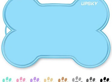 UPSKY Dog Food Mat Dog Cat Bowl Mat for Food and Water, Large 22″ x 16″ Dog Feeding Mat for Floors, Waterproof Silicone Pet Placemat Tray Bone Shaped with Raised Edge