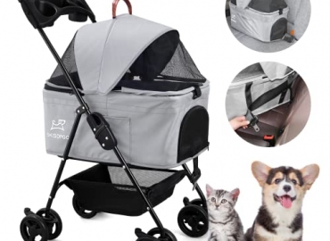 SKISOPGO Dog Cat Pet Gear 3-in-1 Foldable Pet Stroller Detachable Carrier, Car Seat and Stroller with Push Button Entry for Small Pets