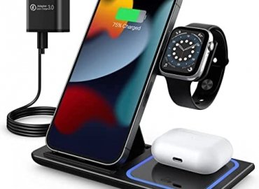 Wireless Charging Station, 3 in 1 Foldable Wireless Charger Stand, Wireless Charging Stand for iPhone 13/12/12 Pro/12 Pro Max/11/XS Max/XS/XR/X/8P, Airpods 2/pro, Apple Watch, and Qi-Certified Phones