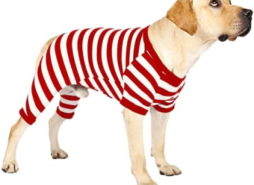 Dog Pajamas for Large Dogs, Cotton Thermal Dog Pjs Jumpsuit with Cover Legs Christmas Puppy Clothes, Striped Onesie Dog Suit for Small Medium Large Dogs