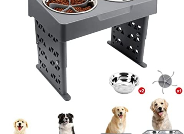 LiteBee Elevated Dog Bowls, 4 Adjustable Heights Raised Pet Bowl Stand Feeder with Slow Feeder and Non-Slip Design,2 Stainless Steel Food & Water Bowls for Large Medium and Small Cats and Dog