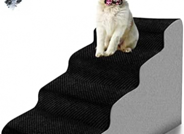 TNELTUEB High Density Foam Dog Stairs 4 Tiers, Extra Wide Deep Dog Steps, Non-Slip Dog Ramp, Soft Foam Pet Steps, Best for Dogs Injured,Older Cats,Pets with Joint Pain, with 1 Dog Rope Toy (Black)