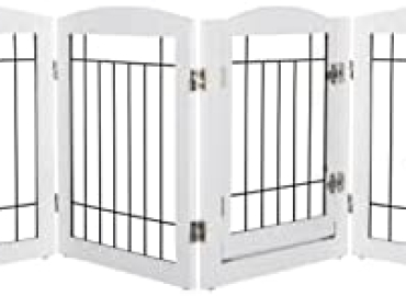 Spirich Extra Wide Dog Gate with Door Walk Through, Wooden Freestanding Pet Gate for Dog, Dog Gate for The House, Doorway, Stairs, 110” Wide Pet Puppy Safety Fence with 6 Panels (White)