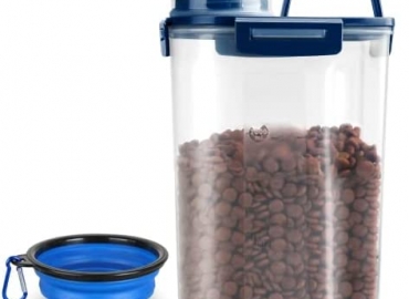 TIOVERY Upgraded Dog Food Storage Container Small, Cat Food Container Airtight, Pet Food Container Dispenser with Pour Spout, Measuring Cup and 4 Seal Buckles for Dogs, Cats, Birds (Blue)