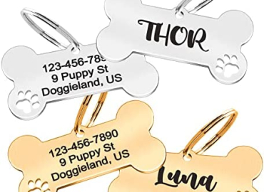 Custom Pet ID Tag, Personalized Cute Silver & Gold Bone & Hollowed Paw Shaped Collar Pendant Engraved Dog Name, Label, Address & Phone, Stainless Steel Shiny Puppies Tags Customizable on Both Sides