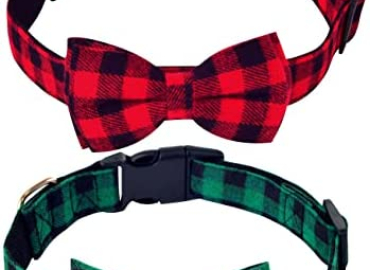 JCSHIMO Christmas Dog Collar, Classic Plaid Red Green Dog Collar Pet Collar with Bow Tie Adjustable for Small Medium Large Dogs