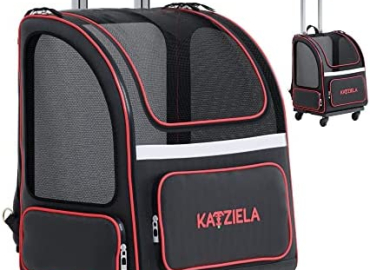 Katziela Wheeled Pet Carrier Backpack – Soft Sided, Airline Approved Hiking Carrying Bag for Small Dogs and Cats – Removable Rolling Wheels – Mesh Ventilation Windows, Storage Pockets