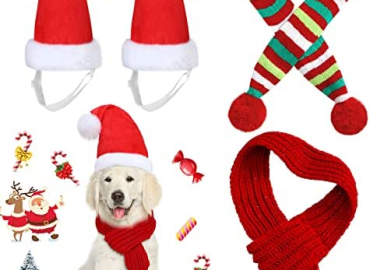 4 Pieces Christmas Dog Scarf with Santa Hat 2 Adjustable Christmas Pet Hat and 2 Pet Knit Red Scarf with White Pompom Ball Striped Scarf Winter Pet Accessory for Small Medium Large Dog