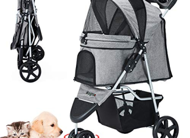 Pet Stroller, Cat Dog Stroller with Storage Basket Foldable Lightweight Dog Carrier Trolley Jogging Stroller