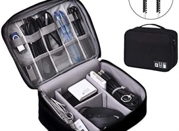 Electronics Organizer, OrgaWise Electronic Accessories Bag Travel Cable Organizer Three-Layer for iPad Mini, Kindle, Hard Drives, Cables, Chargers (Two-Layer-Black)