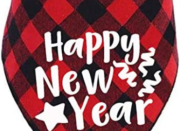 Happy New Years Dog Bandana, Buffalo Plaid Red Bandana for Pet
