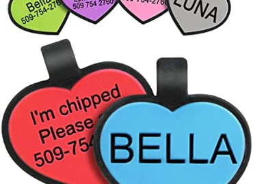 GoTags Silent Silicone Pet Tag, Personalized Dog Tags and Cat Tags, up to 8 Lines of Custom Text, Deep Engraving on Both Sides, in Bone, Round and Heart