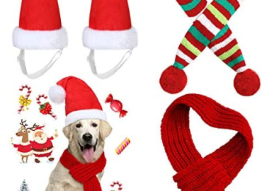 Frienda 4 Pieces Christmas Dog Scarf with Large Santa Hat 2 Adjustable Christmas Pet Hat and 2 Pet Knit Red Scarf with White Pompom Ball Striped Scarf Winter Pet Accessory for Small Medium Large Dog
