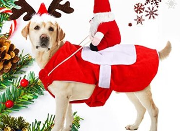 2 Pcs Pet Dog Christmas Costume Dog Santa Claus Riding Costume and Dog Reindeer Antler Headband Pet Elk Headwear Accessories Funny Pet Santa Claus Costume for Christmas Halloween Dress up